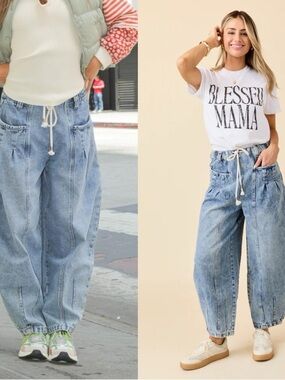 Pink Lily Barrel Jeans Tie Waist XS